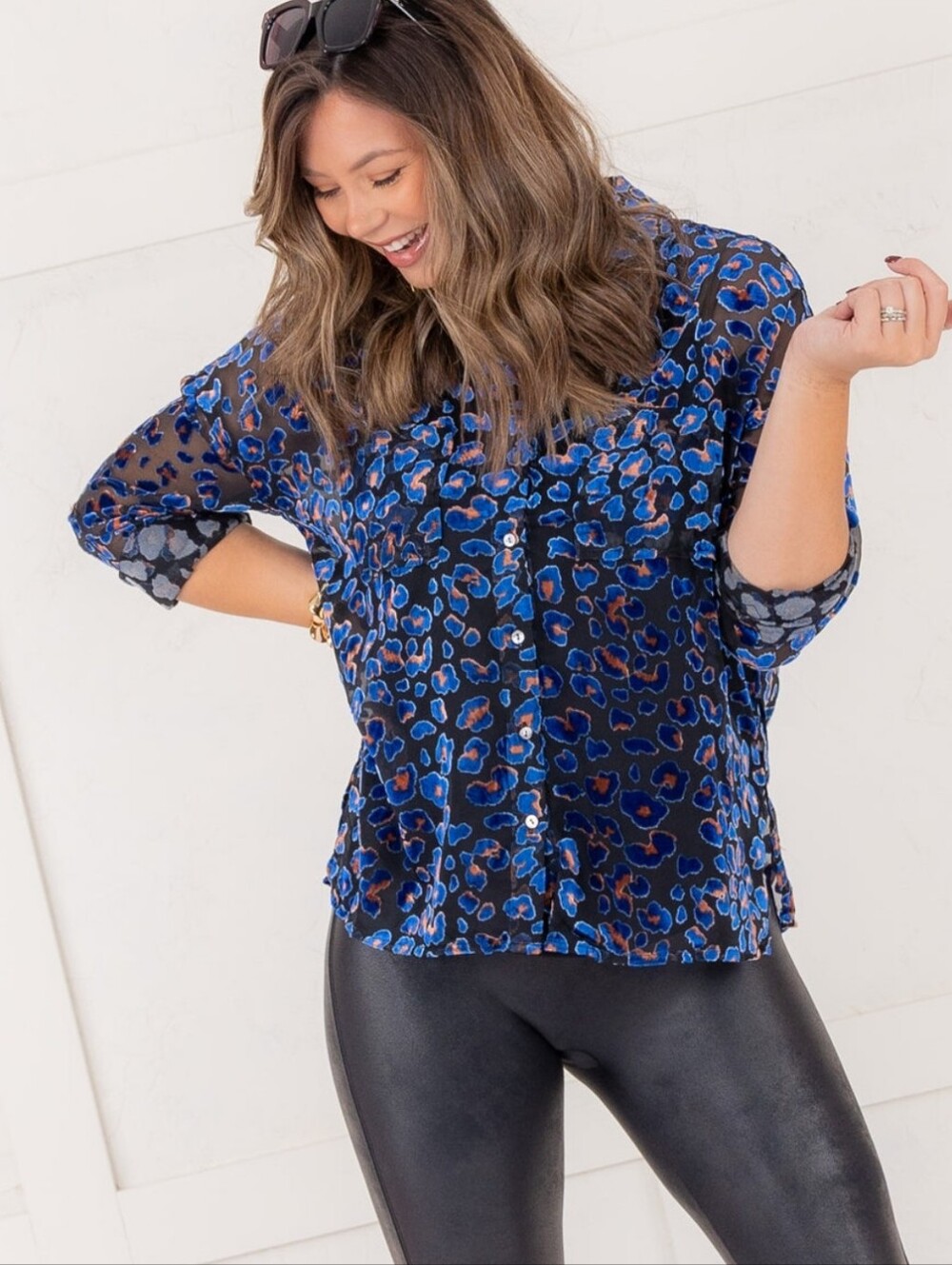 Dear John Blue Leopard Sheer Button-Down Blouse Arianna Size XL